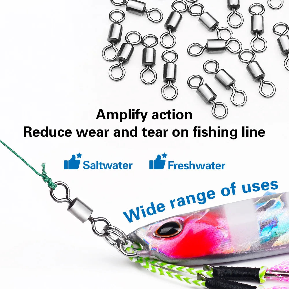50pcs Fishing Swivels Rolling Swivels Solid Stainless Steel Rings Fishhooks Lure Connector for Fishing Accessories