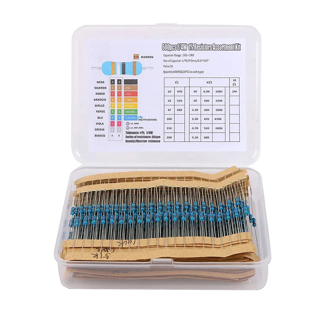 600PCS 1/4W metal film resistor pack accuracy 1% 10R-1M resistance values 30 types, 20 sample packs each