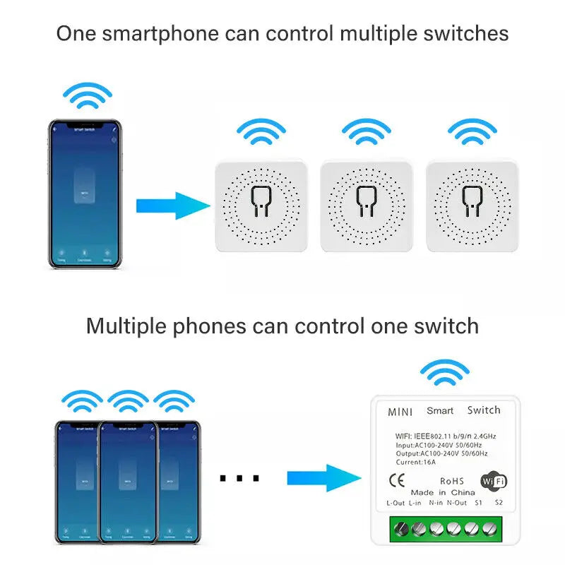 16A Tuya Smart WiFi Switch 2-Way control DIY Switch Circuit Breaker Module App Voice Control Alexa Google Smart Home Automation
