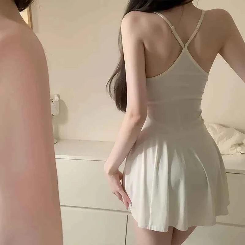 Women Sexy Halter Backless Slim V-neck  Mini Dress Smooth  Allure Pleated Micro MINI Dress Fashion Uniform Party Night Outfits