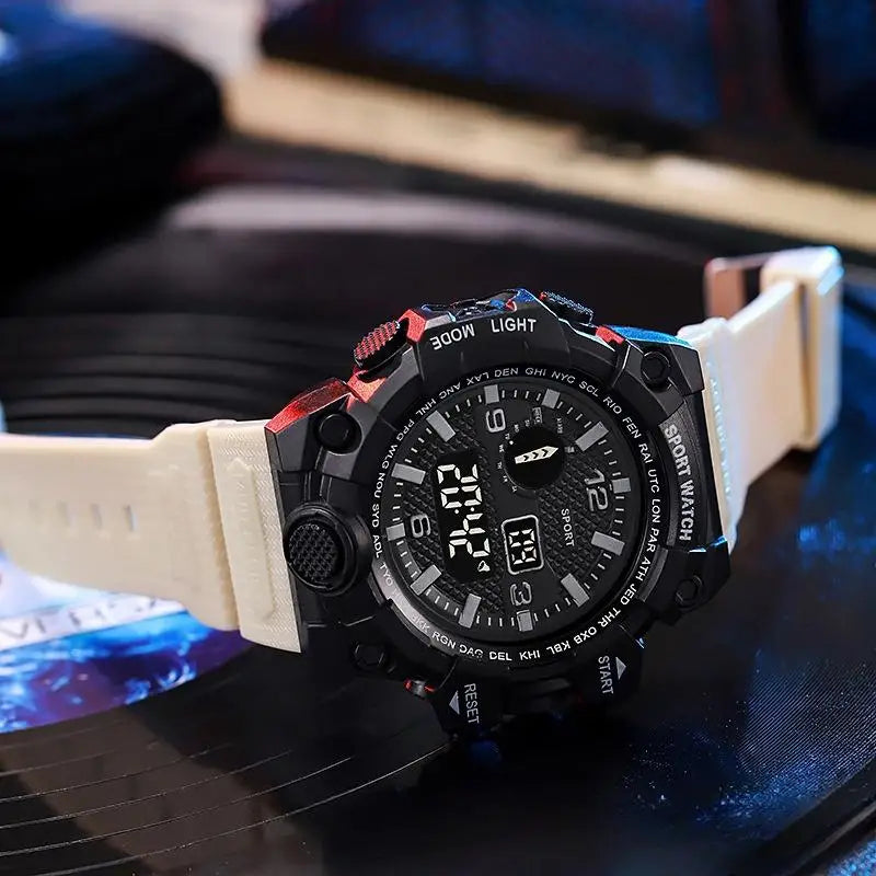 Mode Herrenuhr Sportliche elektronische Armbanduhr Großes Zifferblatt Multifunktional Wasserdicht Leuchtend Alarm Kinder Militäruhr für Herren