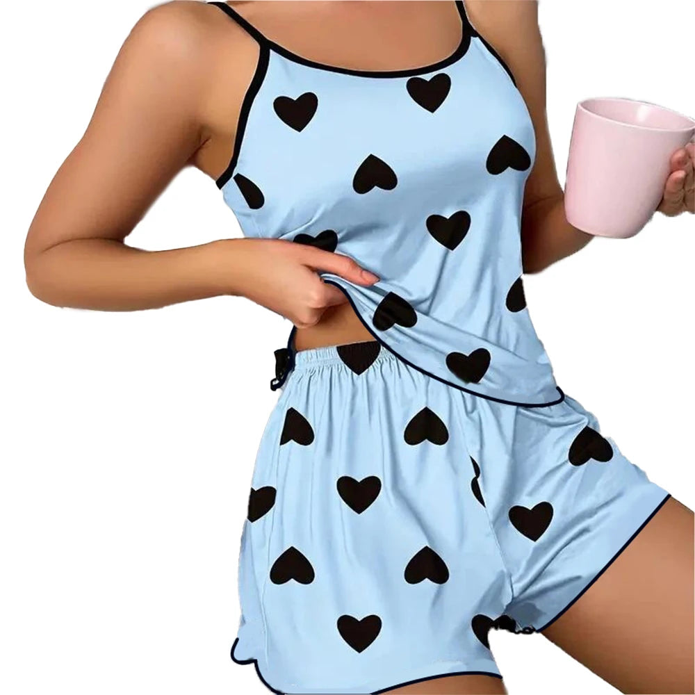Ensemble de pyjama pour femme Pyjama T-shirts Shorts Imprimé cœur rose T-shirt à col rond Haut en soie glacée Confortable Décontracté Été