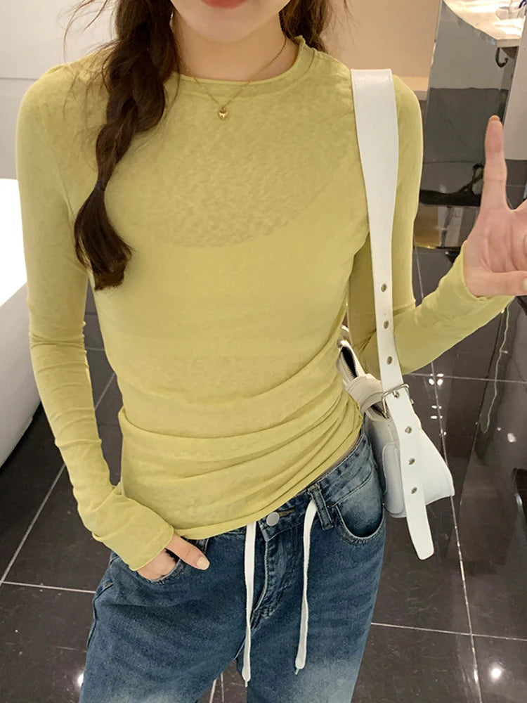 Spring Autumn T shirt Women Tops Solid Long Sleeve Ruched O Neck Tshirts Female Korean Casual Streetwear High Quality Base Tees