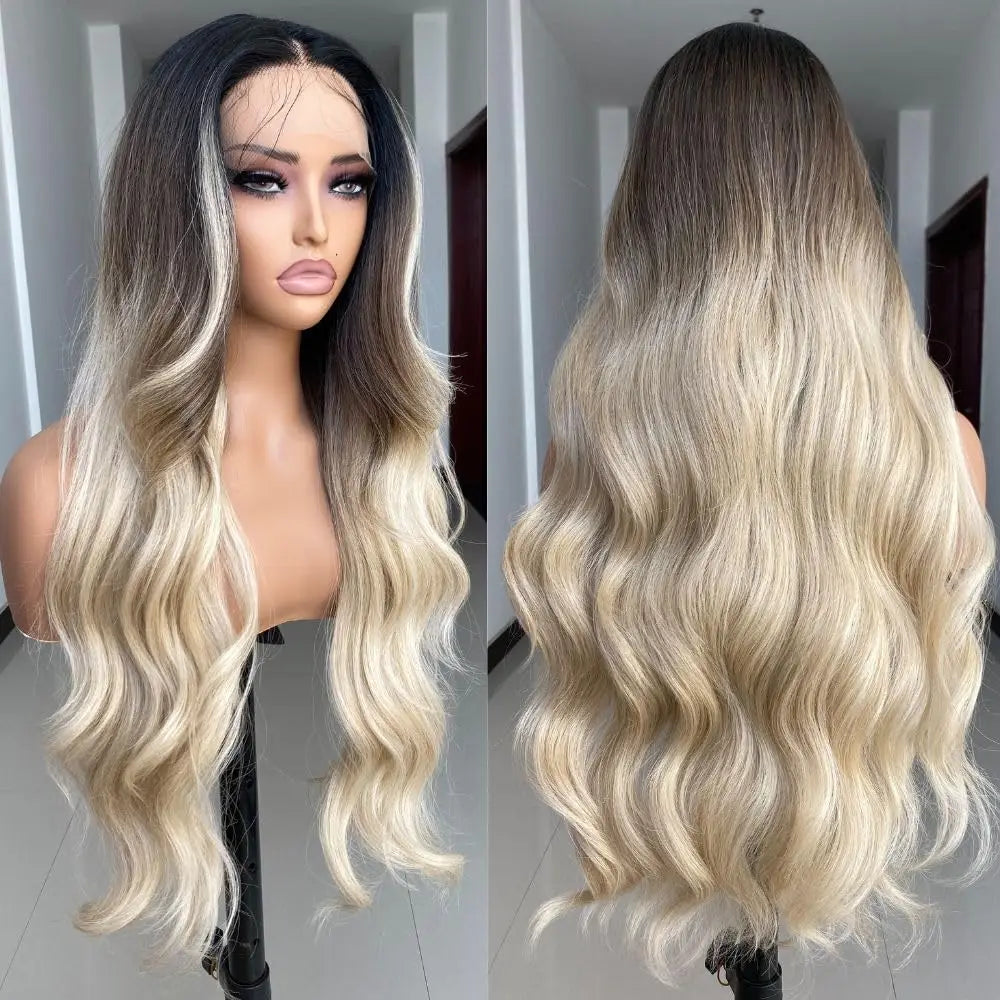 Blonde Highlight Lace Front Wig Long Wavy Ombre Brown Blonde 13x4 Synthetic Lace Front Wigs for Women 24 Inches