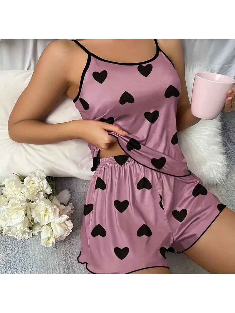 Ensemble de pyjama pour femme Pyjama T-shirts Shorts Imprimé cœur rose T-shirt à col rond Haut en soie glacée Confortable Décontracté Été