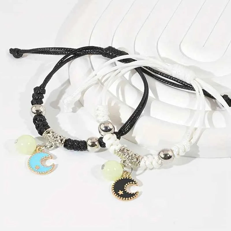 2PC Fashion Luminous Beads Star Couple Bracelet for Women Men Charm Cat Flower Heart Moon Love Matching Friend Bracelet Jewelry