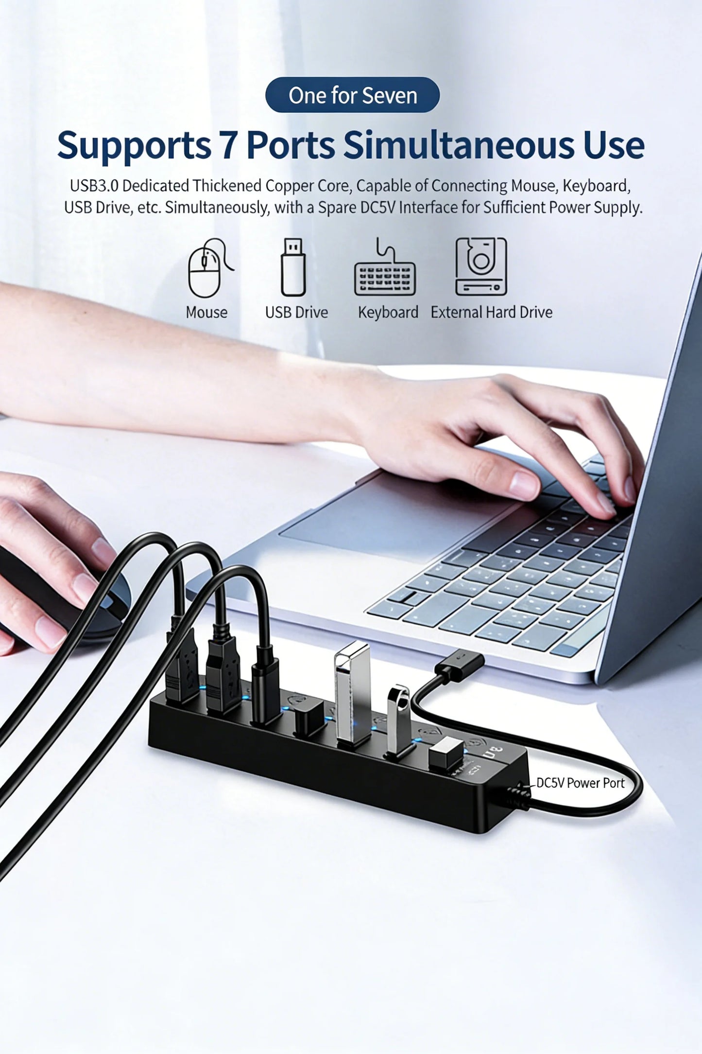 USB 3.0 Hub 4/7 Port with LED Indicator Independent Switch Control for Laptop Flash Drive Hard Disk Printer Camera Keyboard
