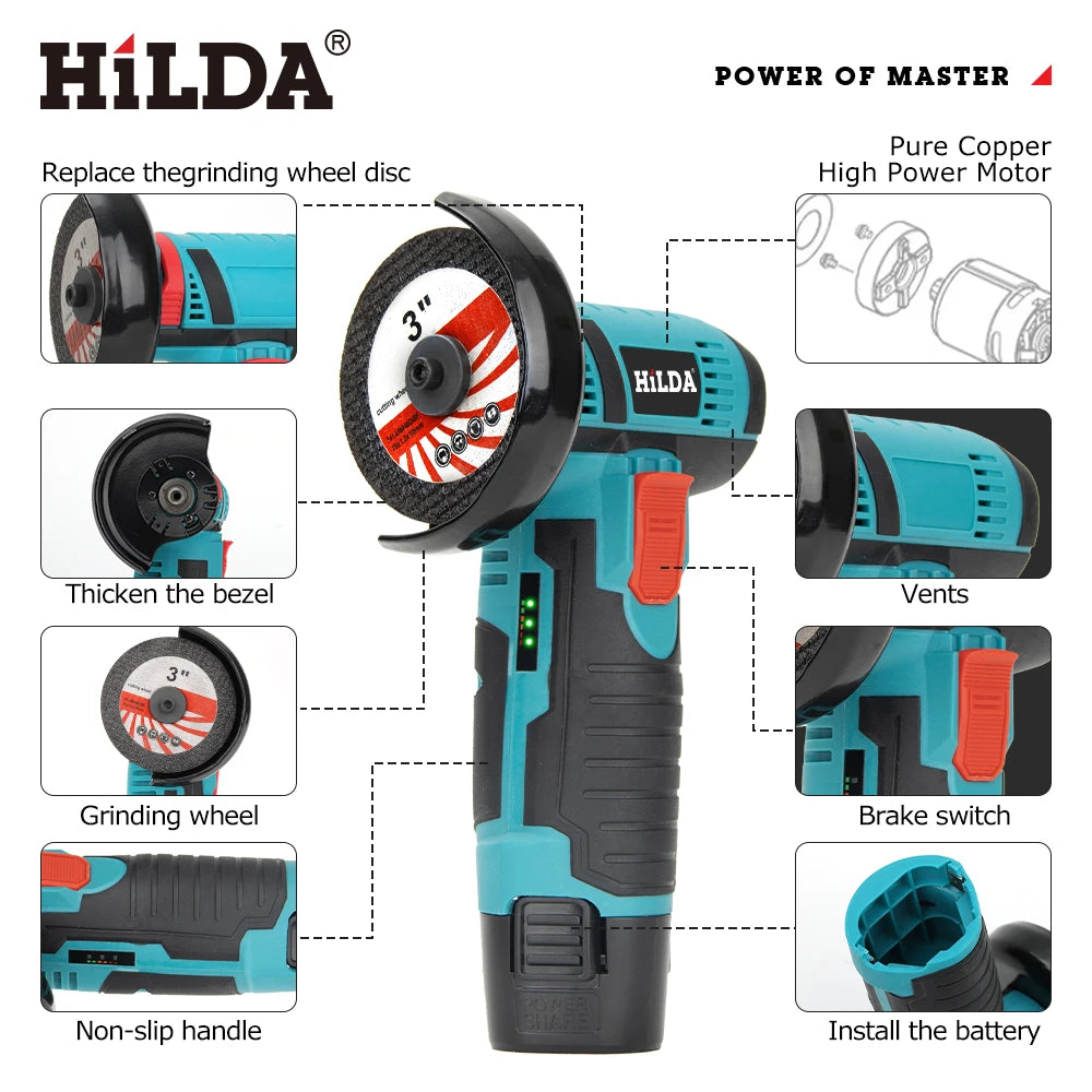 HILDA 12V Electric Angle Grinder 3/4 Inch Lithium Polishing Machine Brushless/Brushed Mini Cutting Machine Rechargeable Battery - Shoppiline