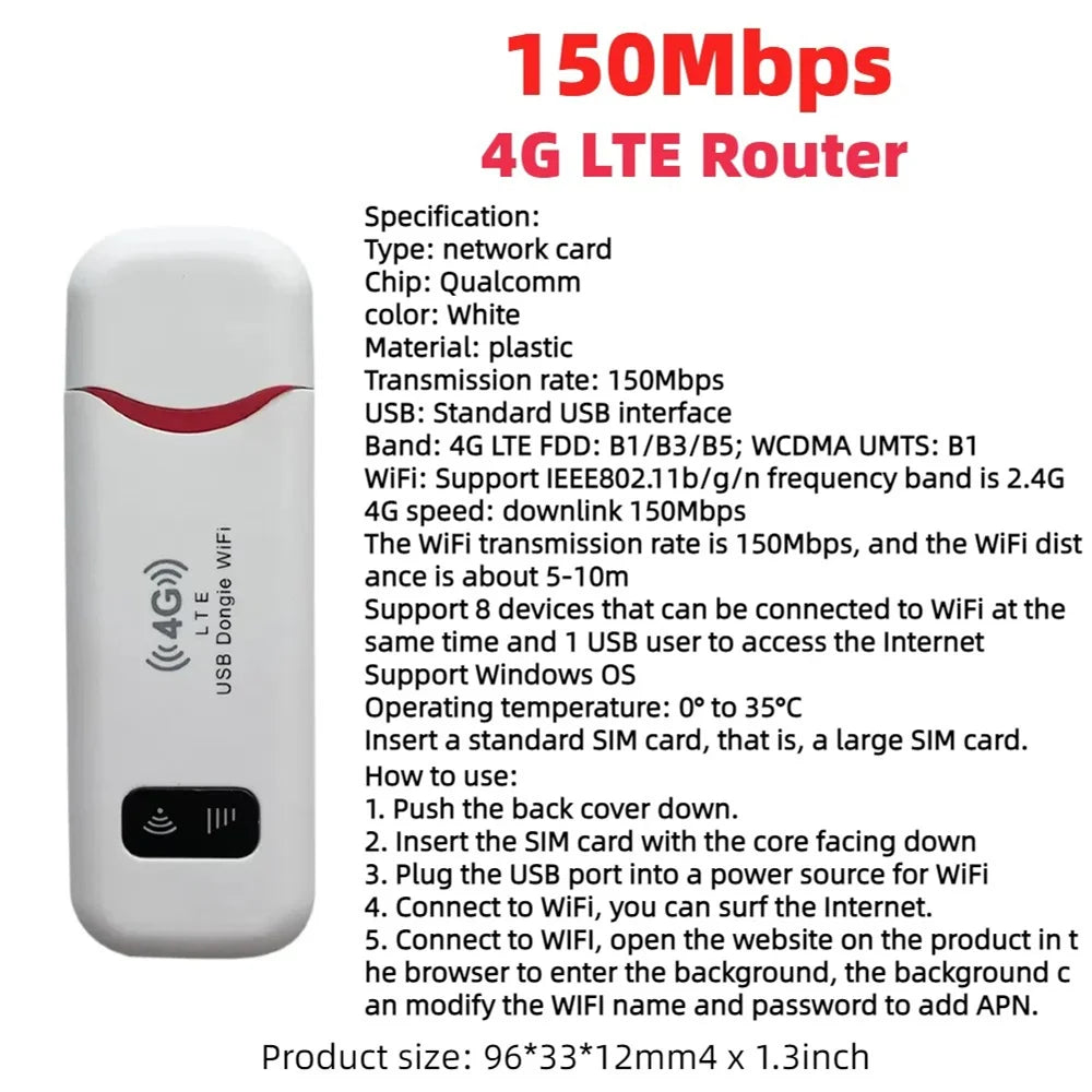 4G LTE Modem Stick Wireless 150Mbps USB Dongle Mobile Broadband 4G Sim Card Wireless Router Home Office Wireless WiFi Adapter