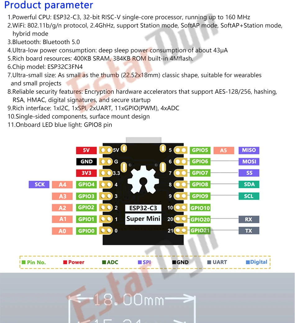 Carte de développement Estardyn ESP32-C3 MINI Carte de développement ESP32 SuperMini = Carte d'extension WiFi Bluetooth de carte de développement