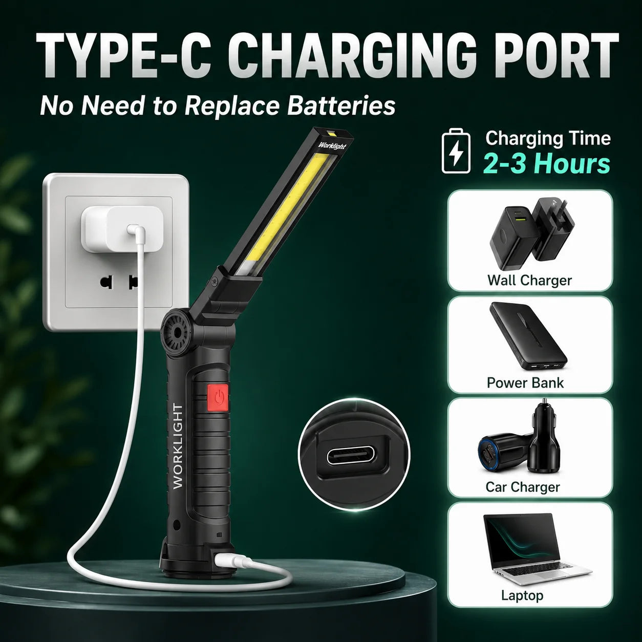 Rechargeable LED COB Work Light USB Magnetic Inspection Torch with Hook Dimmable Flashlight for Car Repair Camping 18650