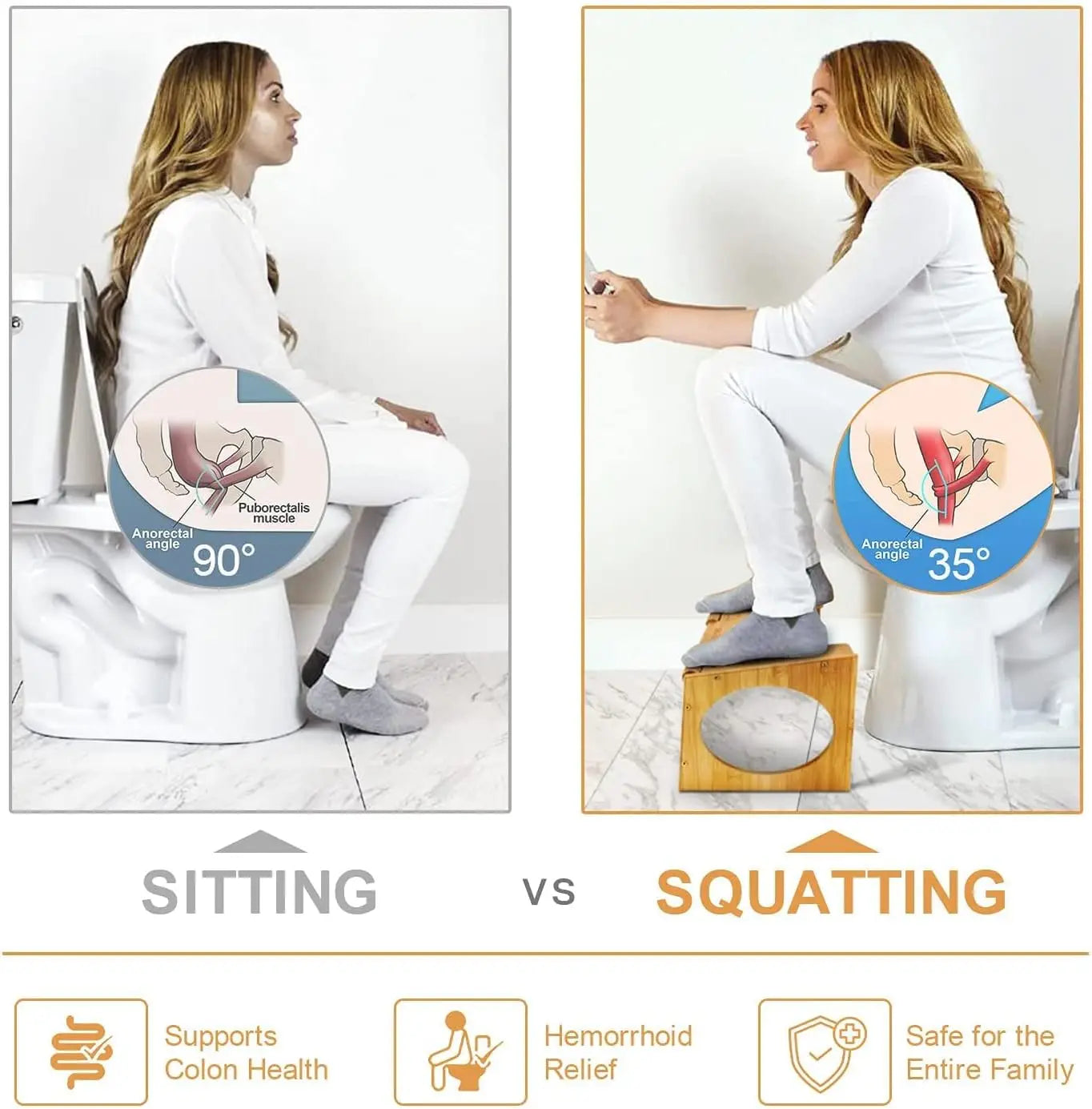 No Installation Not-Slip Bathroom Toilet Stool Upgrade Bamboo Squatting Toilet Stool for Adults Children