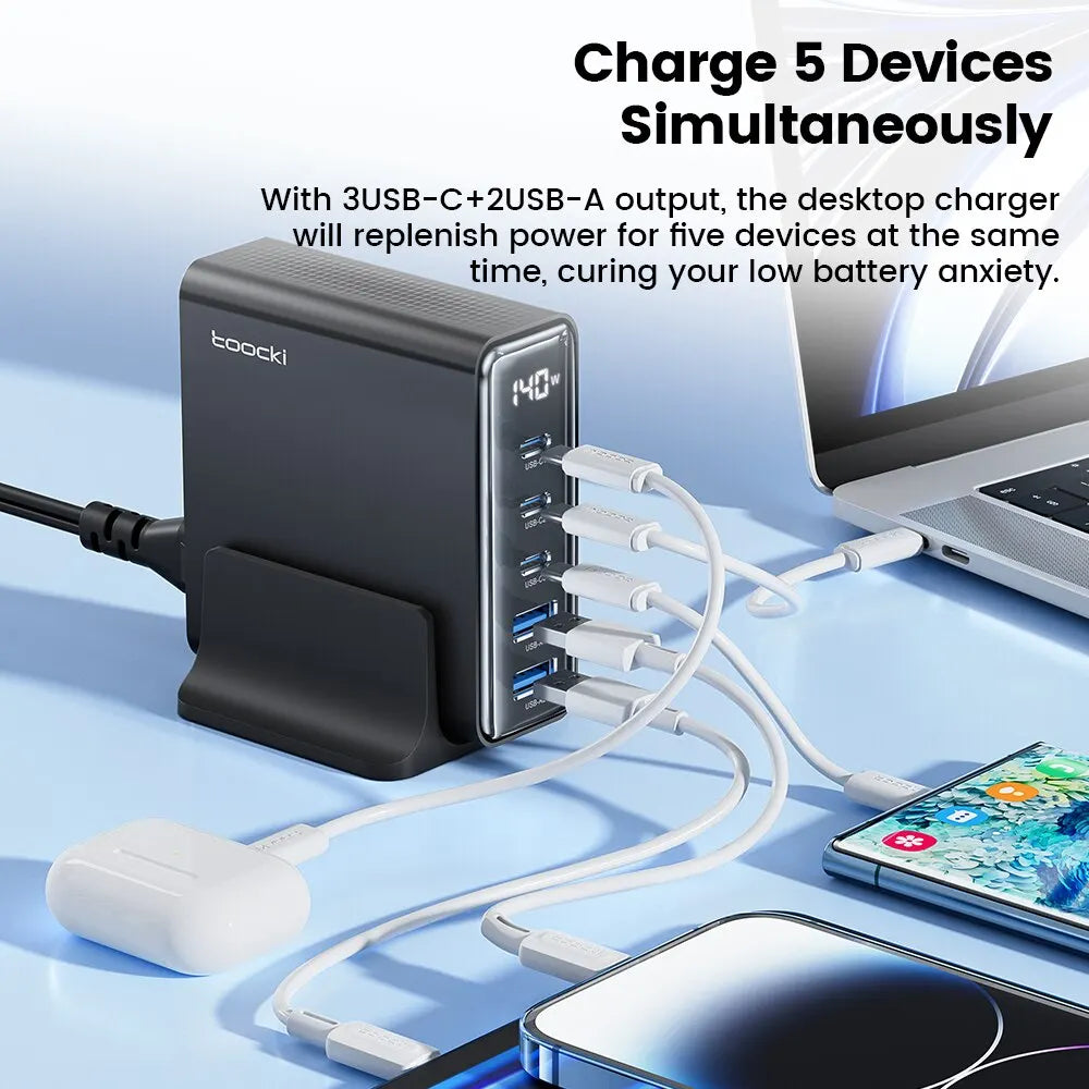 Toocki 140W GaN USB Charger 5in1 Desktop Fast Charge USB Type C Charger LED Display Charger For iPhone Xiaomi Smartphone Laptop - Shoppiline