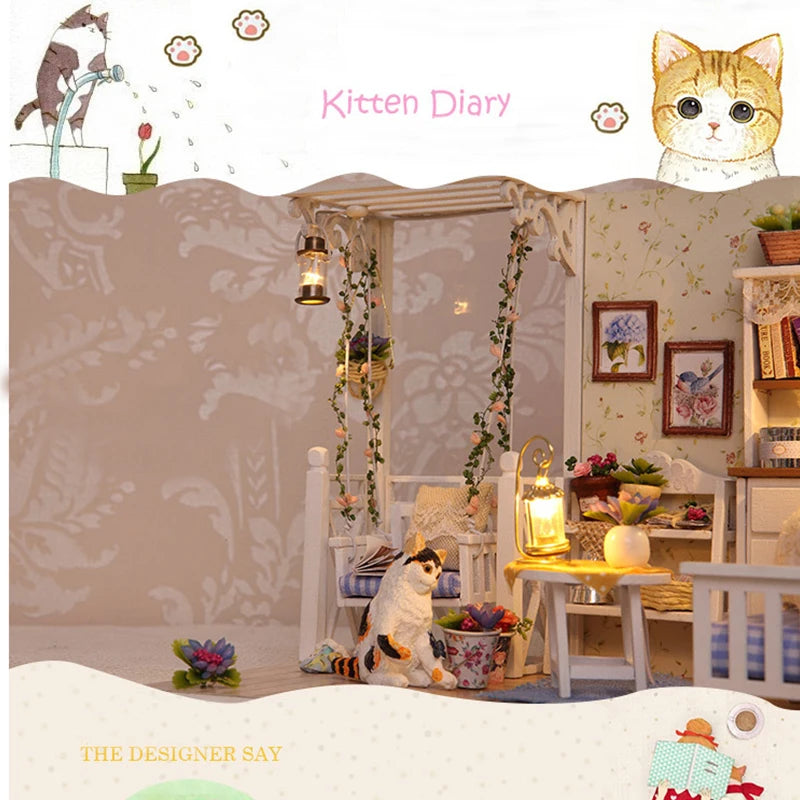 Kitten Mini Doll House 3D Puzzle Assembly Model Building Kit Creative Room Bedroom Decoration With Furniture Wooden Crafts Gifts - Shoppiline