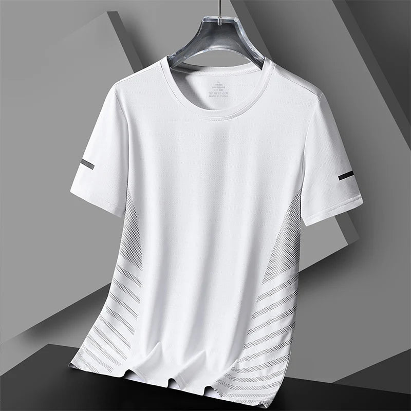 Laufendes T-Shirt Herren Sommer Eisseide Dünnes Oberteil Reflektierender Druck Schnell Trocknend Kurzarm Atmungsaktives Fitness Sport T-Shirt 5XL