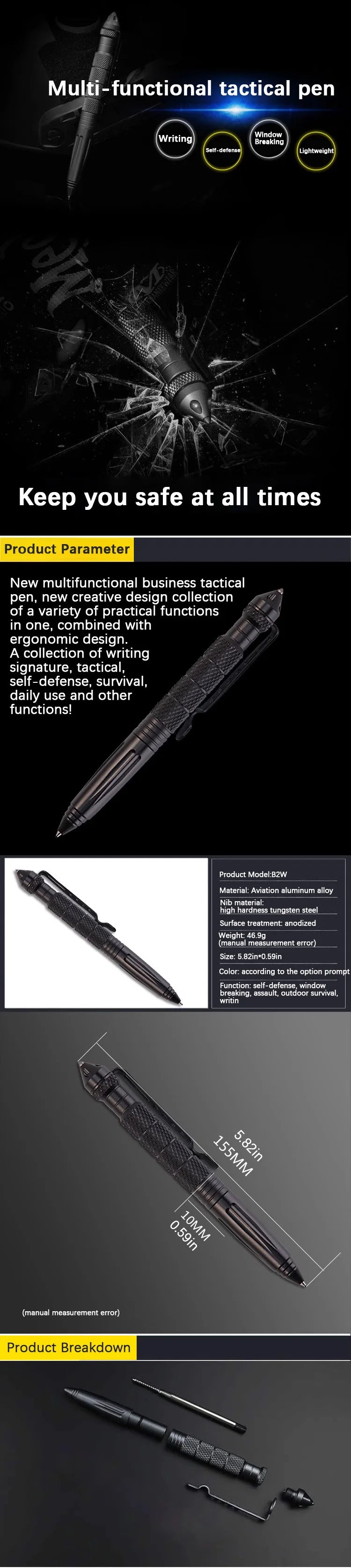 High Quality Metal Military Tactical Pen School Student Office Ballpoint Pens Emergency Glass Breaker Self Defense EDC Supplies