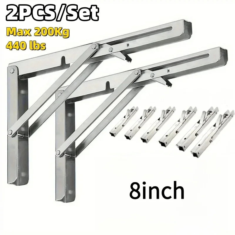 Heavy Duty 2PCS Stainless Steel Triangle Folding Shelf Brackets – Wall Mounted Collapsible Angle Bracket for Table, Workbench