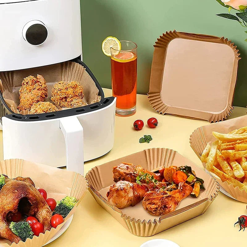 50/100PCS Einweg-Heißluftfritteusenpapier Quadratisch Rund Backpapier Grillplatte Antihaftmatte Küchenbackofen Öl absorbierendes Papierwerkzeug