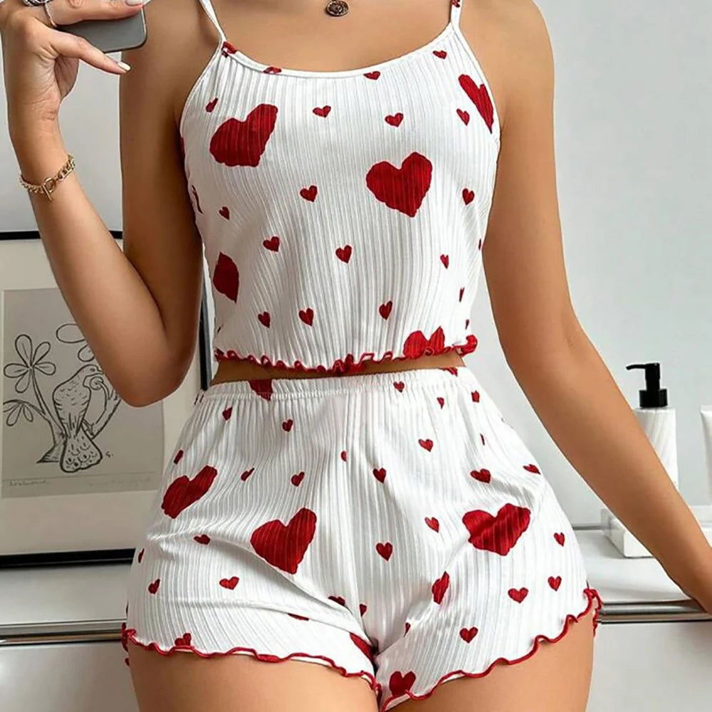 Ensemble de pyjama pour femme 2 pièces : débardeur court et short - Tailles S M L - Blanc - Aéré, doux, décontracté, motif Love