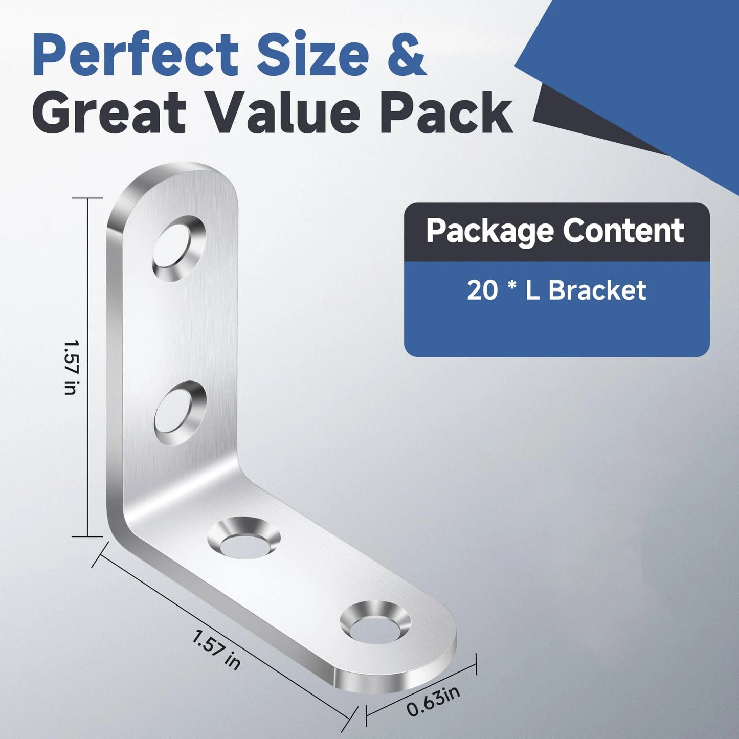 20PCS L Brackets Stainless Steel Corner Braces with Screws, 90° Right Angle Shelf Supports for Wood Furniture Accessories, Table