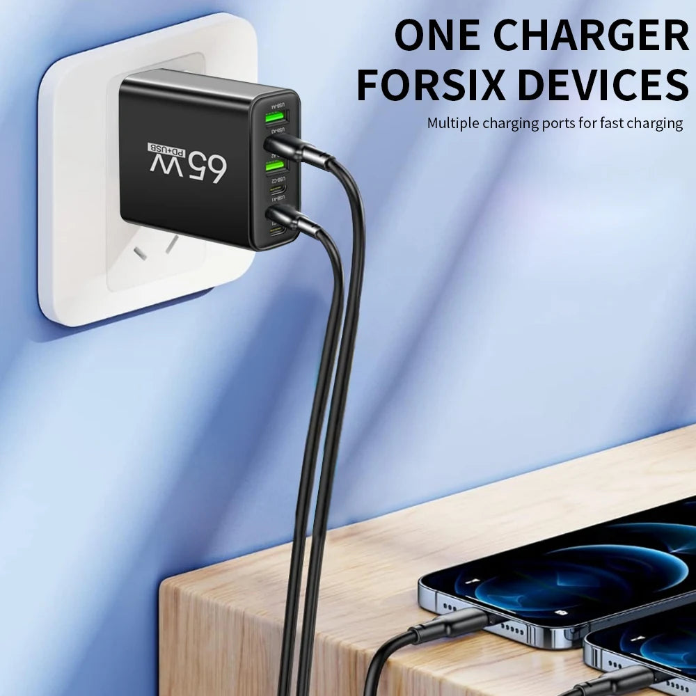 65W 6 in 1 USB Charger Type C Fast Charging Phone Wall Charger Adapter For iPhone Samsung Xiaomi Huawei EU/US Plug Quick Charger