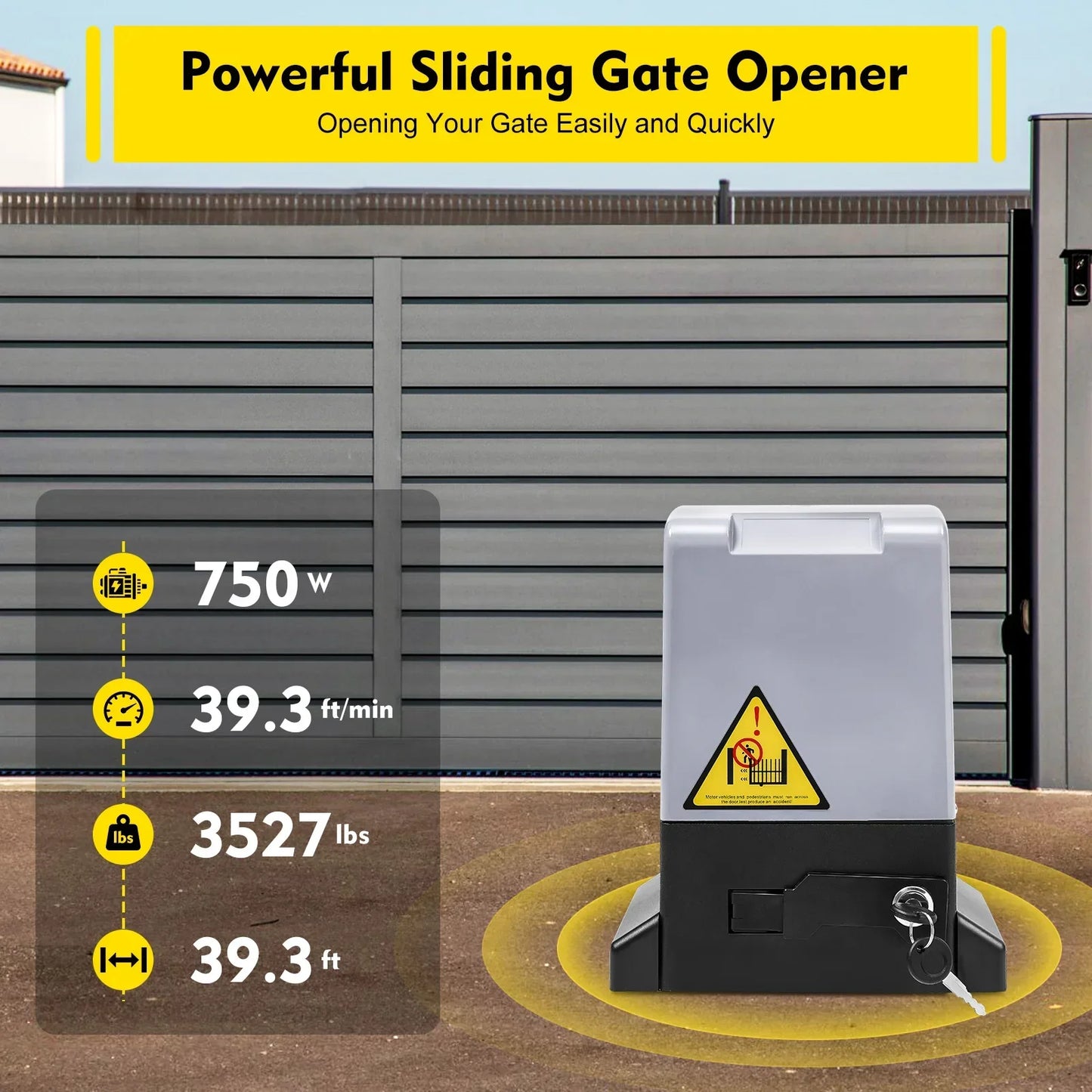 Automatic Gate Opener with 6pcs Sliding Door Gear Rack, 750W Electric Sliding Gate Opener 1600Kg 12m Automatic Sliding Gate Drive Low Noise 50dB Automatic Gate Opener Electric Gate Opener Kit with 2 Remote Control & 2 Infrare