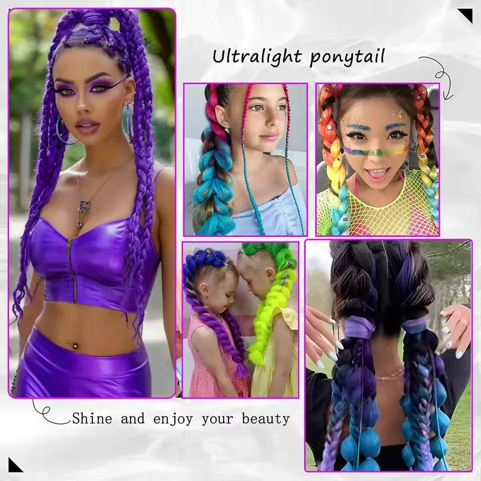 Synthetic 26inch Long Braided Purple Hair Ponytail Rumi Costume Hairstyle Ponytail with Clips for Kids Girls Halloween Christmas