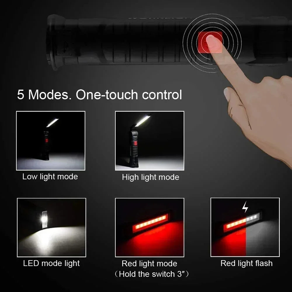 Portable COB LED Work Light USB Rechargeable LED Flashlight Inspection Lamp With Magnetic Hook Power Bank 18650 Battery Torch