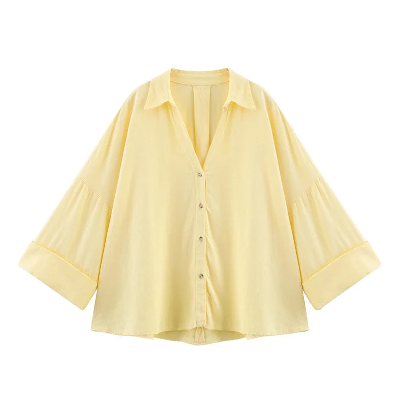 2025 Spring Summer Women Long Sleeve V Neck Solid Color Blouse Shirt Office Wear Casual Work Loose Fit Lightweight Chic Tops