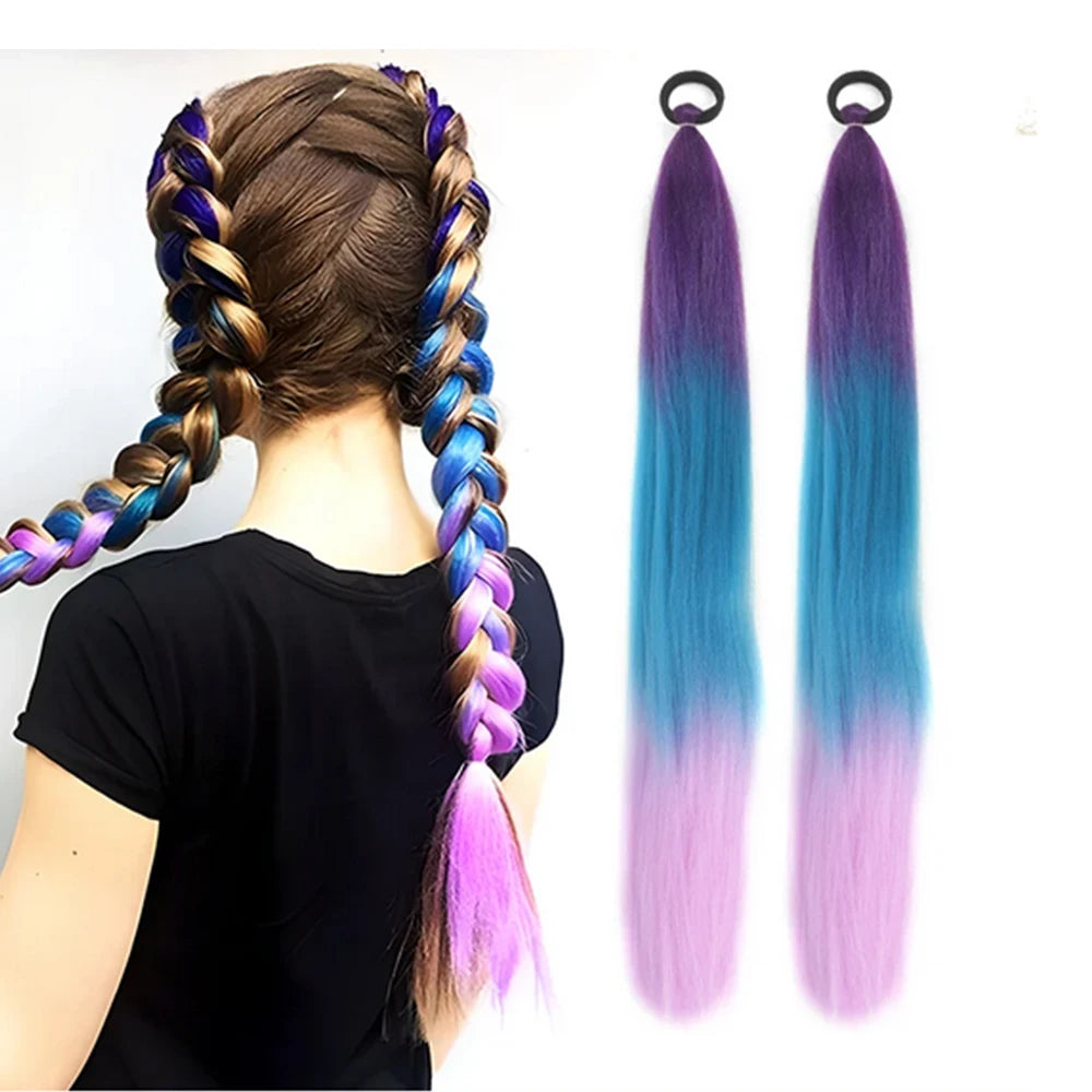 2PC Synthetic Purple Ponytail Extension with Rubber Band Long Straight DIY Braided Pony Tail Hairpiece Women Hair Accessories