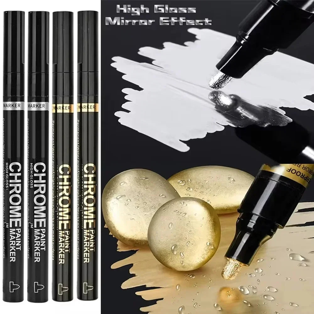 5/1pcs Chrome Pen Marker Mirror Waterproof Paint Repair For Rock Ceramic Glass Metallic Gold/Silver 2mm Nib - Shoppiline