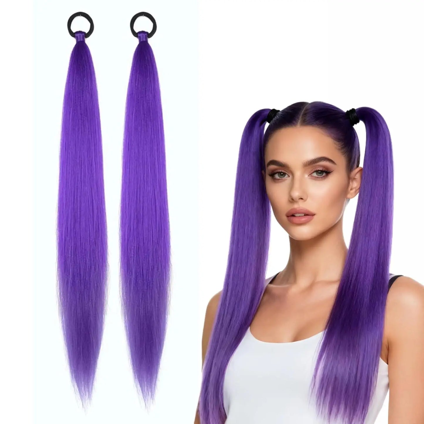 2PC Synthetic Purple Ponytail Extension with Rubber Band Long Straight DIY Braided Pony Tail Hairpiece Women Hair Accessories