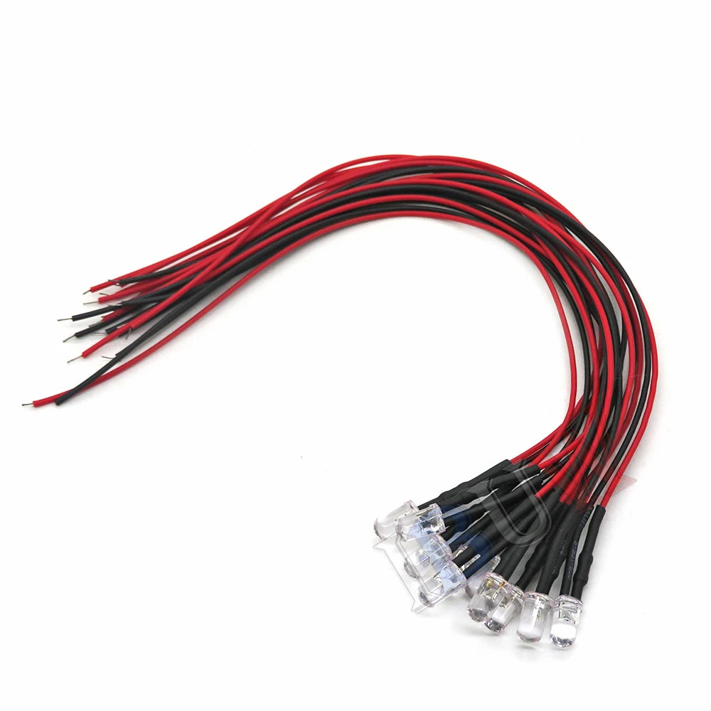 10 Stück DC 3V 6V 12V 24V vorverdrahtete 3mm 5mm LED-Lichtlampe vorverdrahtete Leuchtdioden Transparent Gelb Blau Grün Weiß Rot