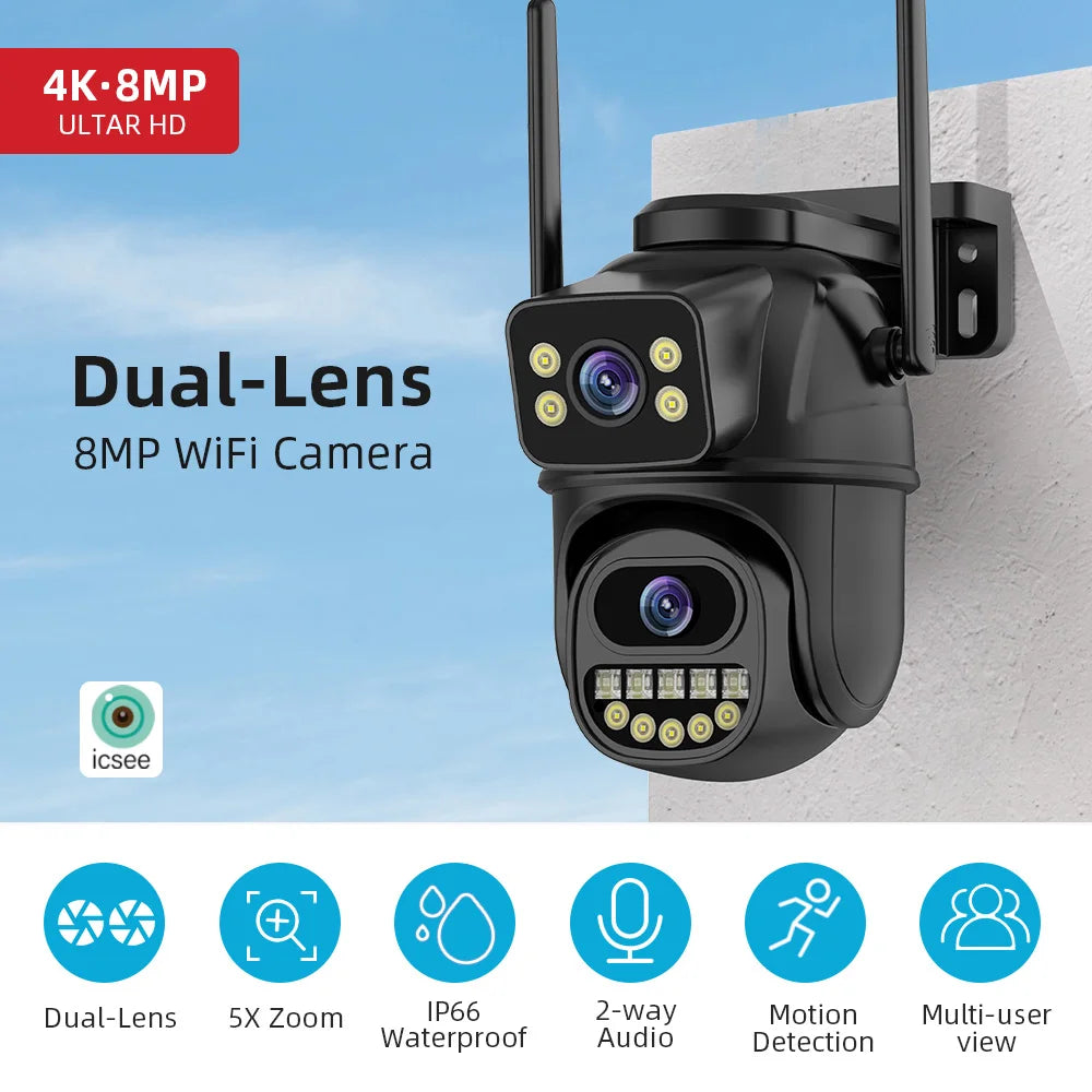 4K 8MP HD Wifi PTZ Camera Outdoor 4MP Dual Lens Dual Screen AI Auto Tracking IP Camera CCTV Audio Video Surveillance P2P iCSee - Shoppiline