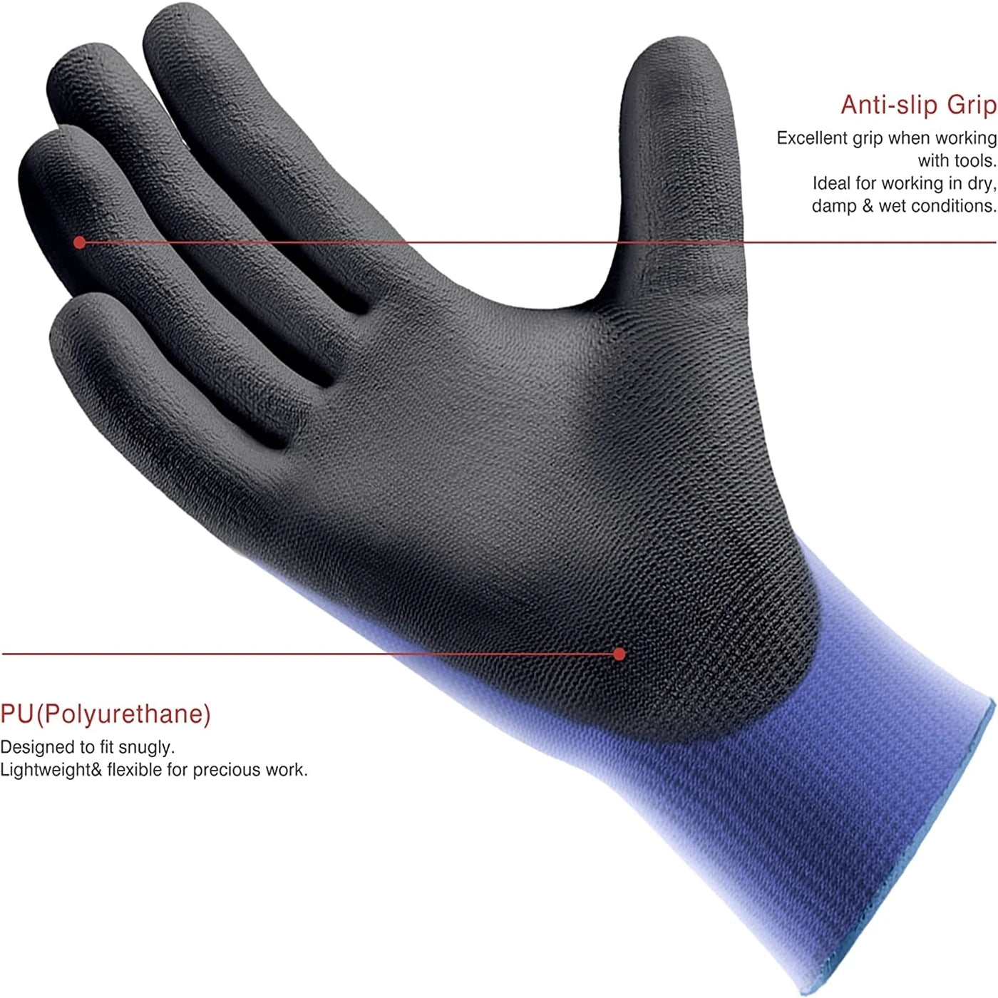 12pairs Ultra-Thin PU Coated Work Gloves,Excellent Grip,Nylon Shell Black Polyurethane Coated Safety Work Gloves,Knit Wrist Cuff - Shoppiline