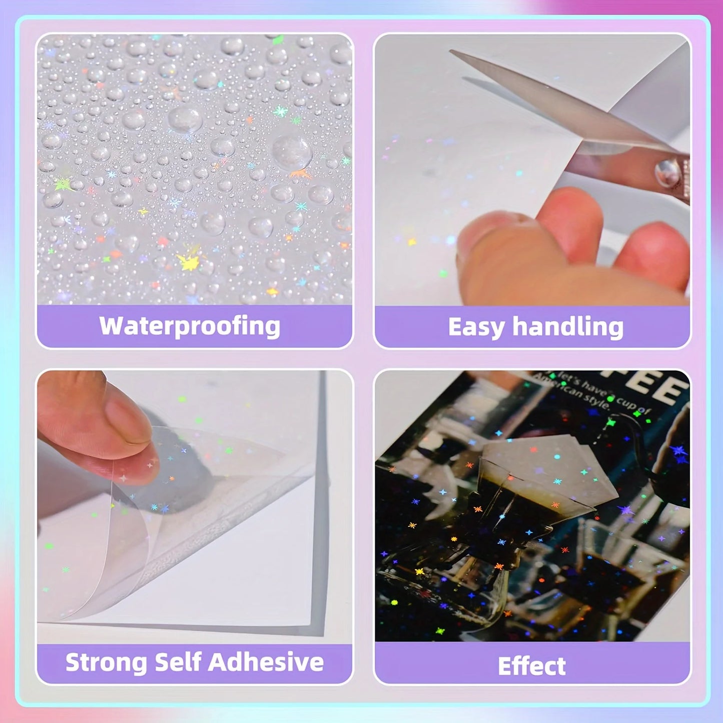 40 Blatt A4 Klare Holografische Kaltlaminierfolie 21 x 29,7 cm Selbstklebende Folie 4 Stile Gemischt: Diamant, Regenbogen, Sterne, Punkte