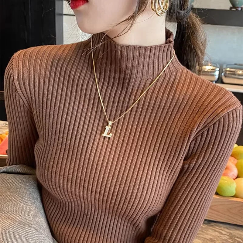 Nouveau pull élégant basique en maille unie pour femme, col roulé, manches longues, décontracté, coupe ajustée, mode simple et chic
