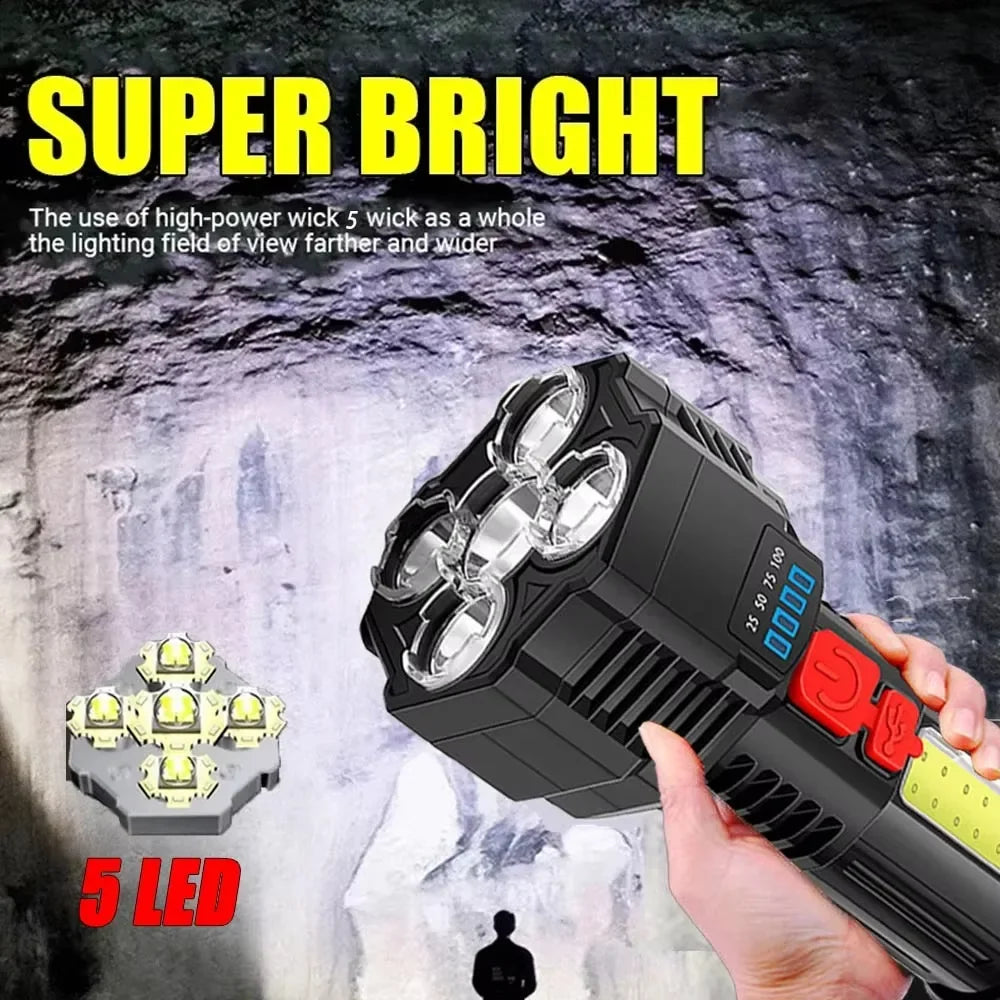5 LED High Power Led Flashlights Rechargeable Camping Torch 5 Lighting Modes For Outdoor Camping Adventure Lamp with Side Light