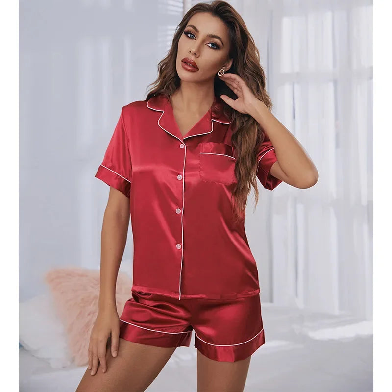 Short Sleeve shorts set ladies home wear women's silk pajamas Ice Silk breathable comfortable top pants set