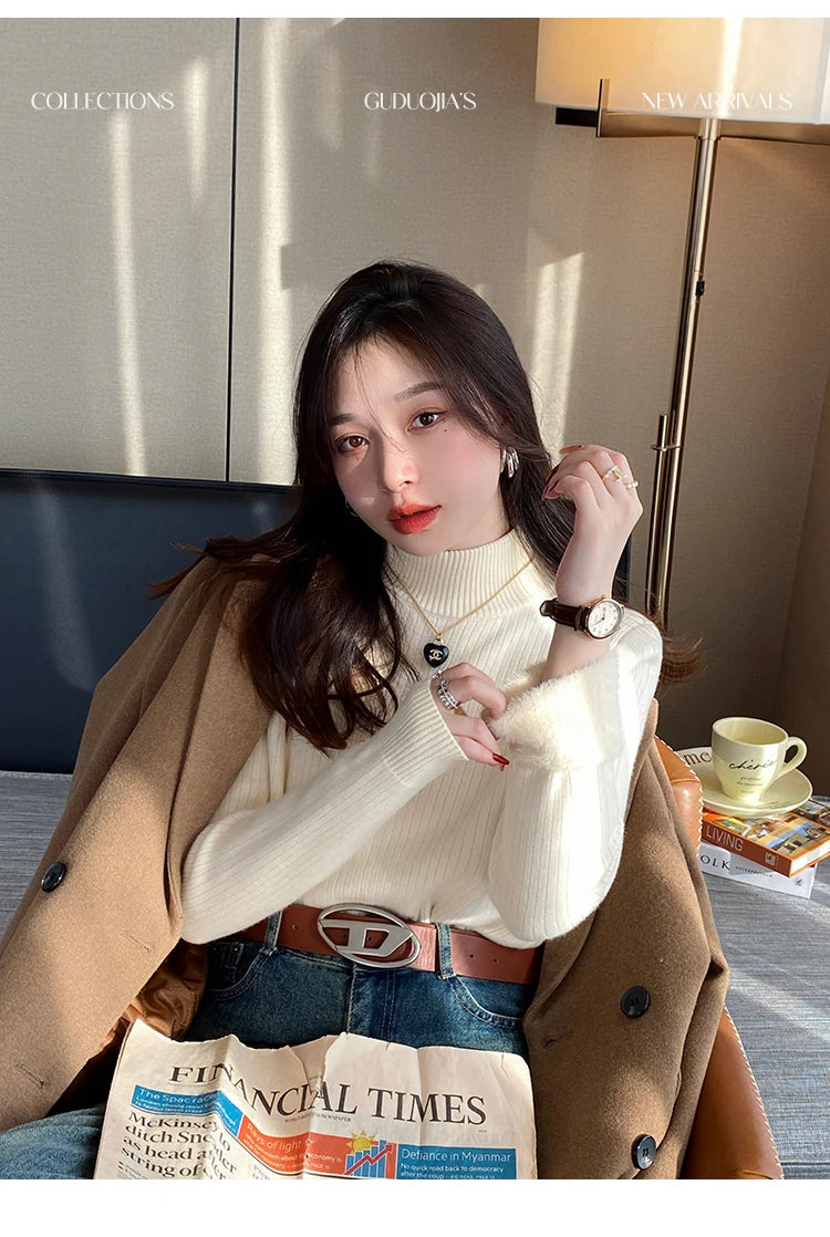 Women's Turtleneck Sweater Winter 2026 Retro with Velvet Lining Thickened Inner Wear Thermal Knitting Bottoming Shirt Pullovers