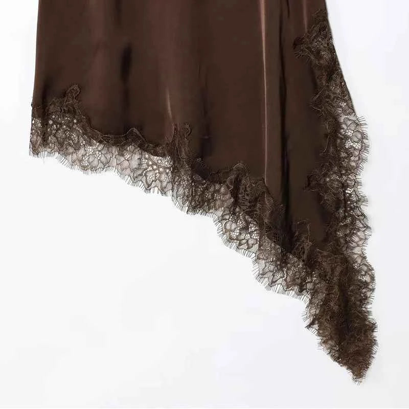 HXAO Asymmetrical Lace Dress Woman Sleeveless Slip Black Dress Summer Satin Party Dresses Backless Sexy Short Night Dresses