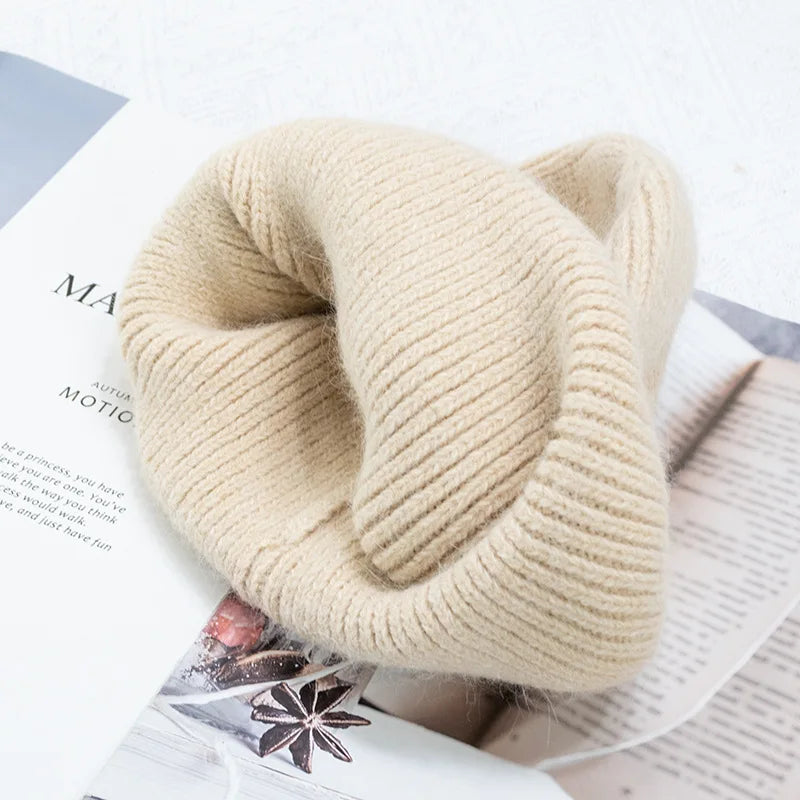 Bonnets d'hiver pour femmes en fourrure de lapin tricotés, bonnets épais à revers, bonnets amples et doux pour le ski.