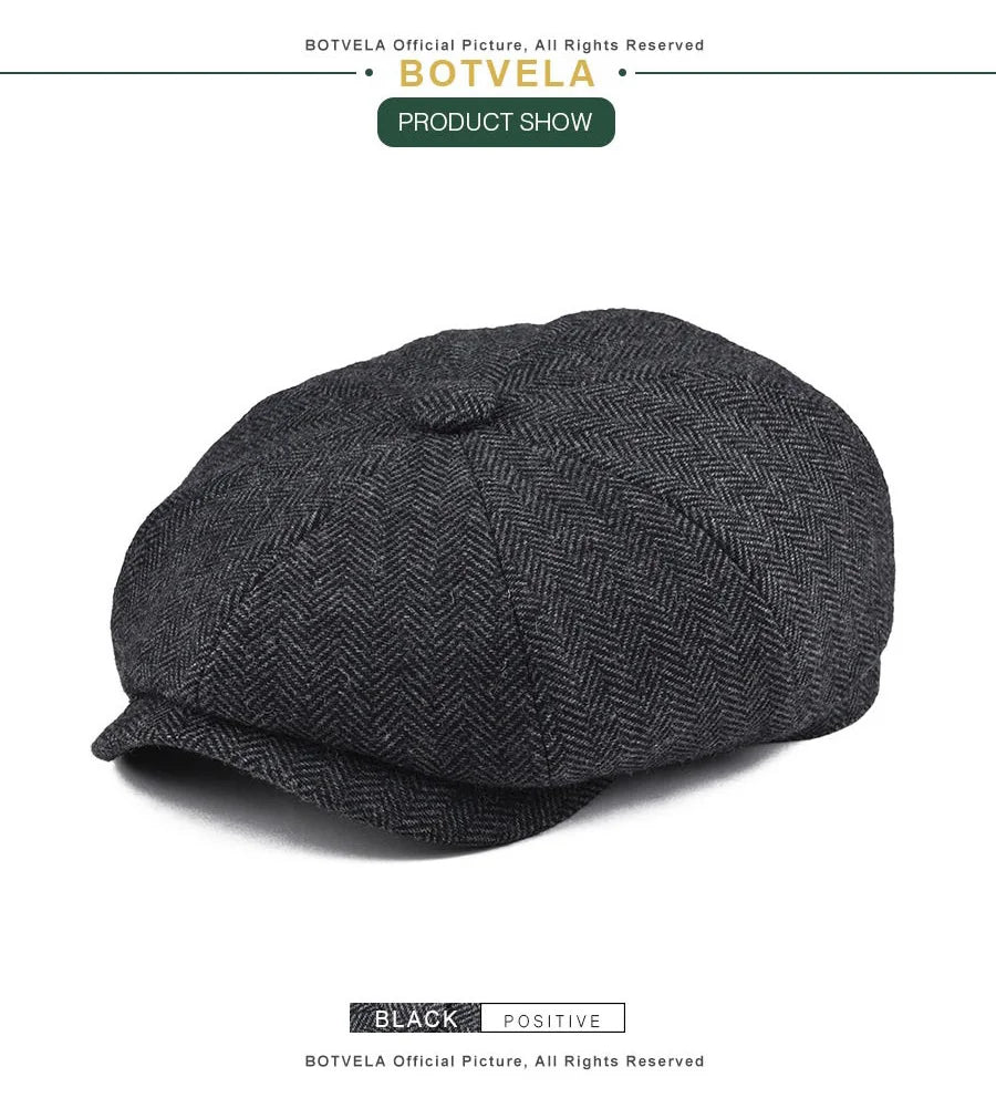 BOTVELA Wool Tweed Newsboy Cap Herringbone Men British Gatsby Retro Hat Driver Flat Cap for Male Vintage Herringbone Beret