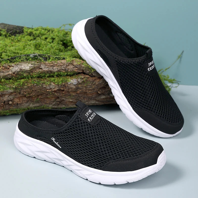 YRZL Mens Half Slippers Summer Breathable Mesh Mens Shoes Outdoor Casual Walking Shoes Large Flat Light Mesh Slippers Sandals - Shoppiline