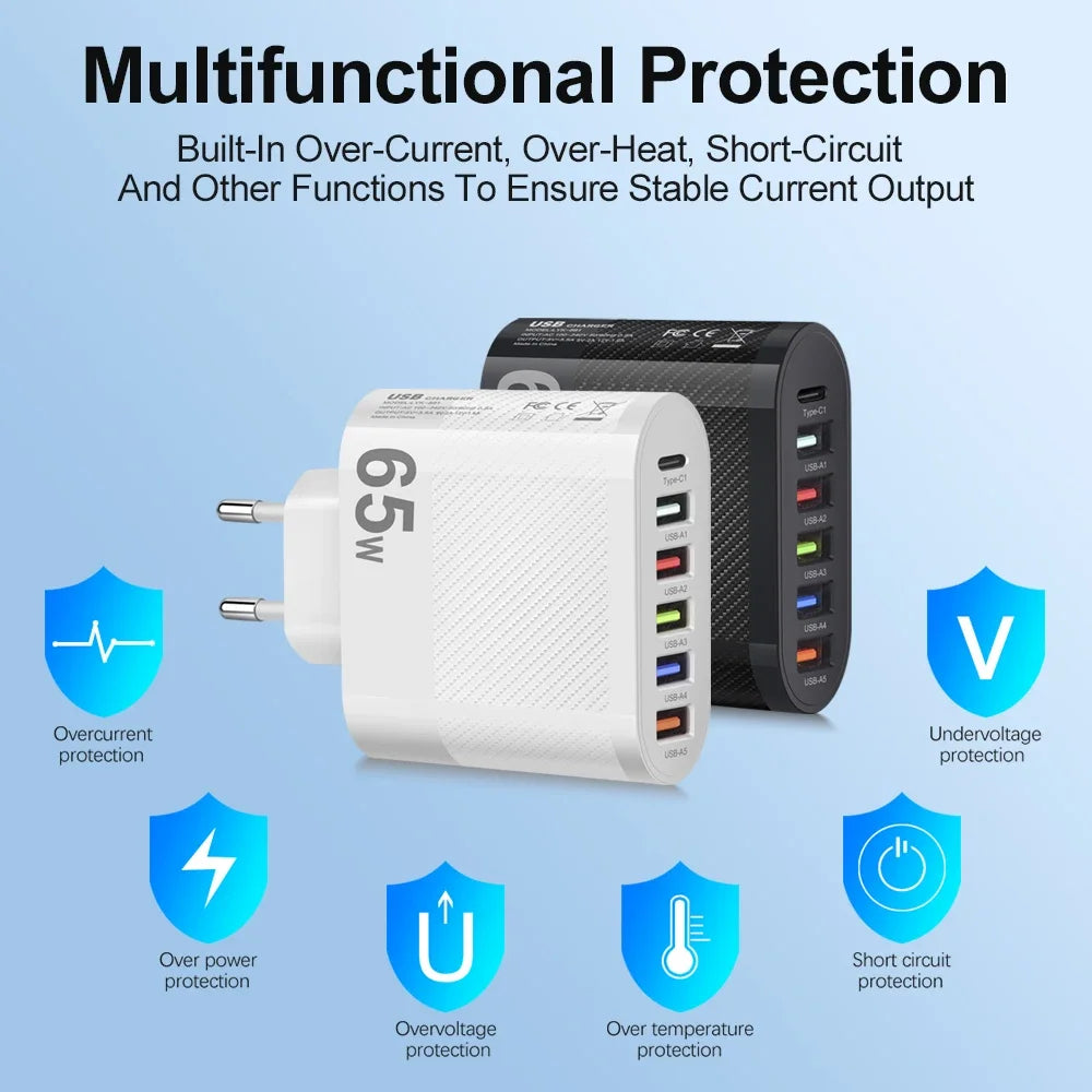 3.1A 5 Ports USB Charger PD Fast Charging Adapter For iPhone Xiaomi Samsung Mobile Phone EU/US/UK Plug Charge QC3.0 Wall Charger