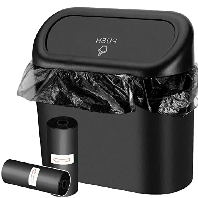 The covered car trash can contains 3 black garbage bags. The small car trash can is leak proof and miniature