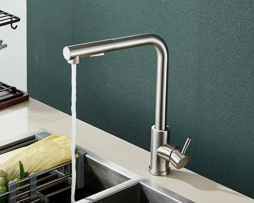 304 Stainless Steel Black Kitchen Faucet Two Function Single Handle Pull Out Mixer Hot and Cold Water Taps Deck Mounted