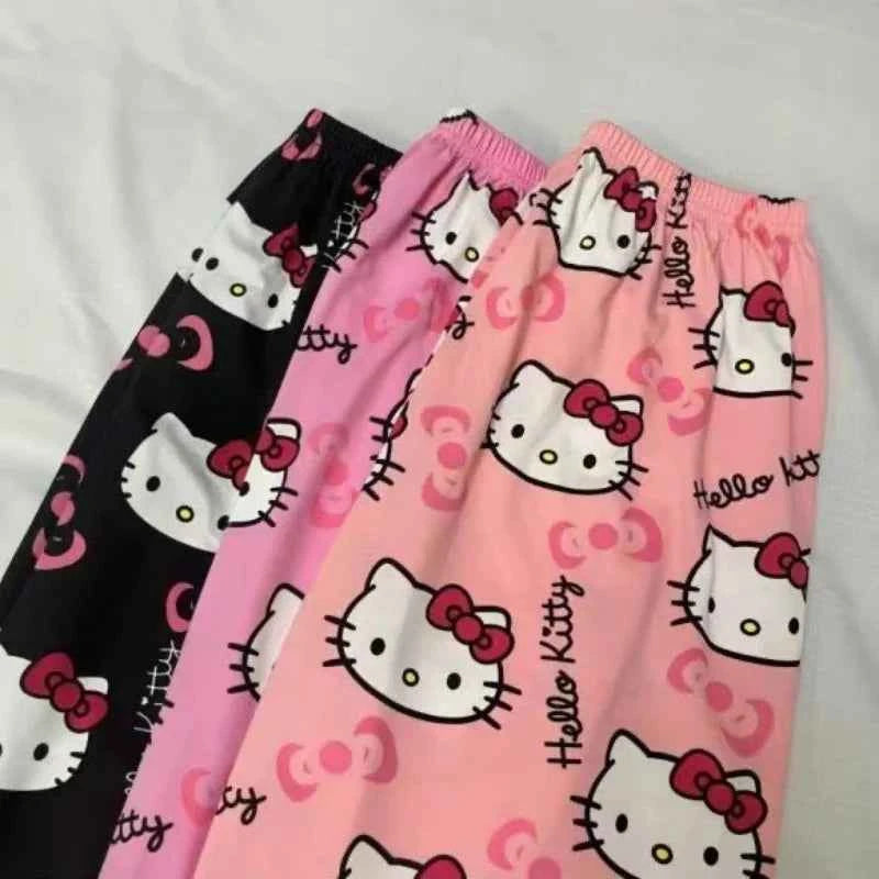 Cartoon Hello Kitty pajama pants for men and women spring and summer thin loose couple casual home pants walking pants