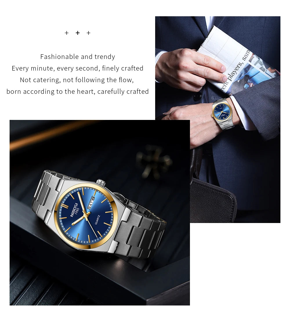 NIBOSI Luxury Watch For Man Waterproof Luminous Date Week Stainless Steel Men Watch Casual Quartz Men's Watches Male Clock+box