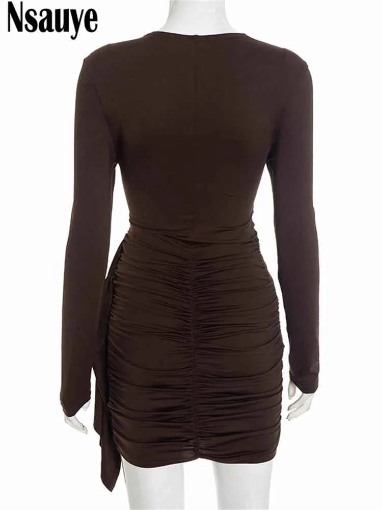 Nsauye New Fashion Women Short Wrap High Waisted Mini Winter Dress 2025 Outfits Sexy Night Club Party Evening Long Sleeve Dress